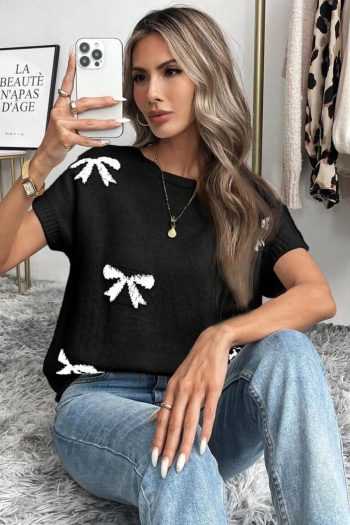 Women Knit Tops | Black Bow Pattern Short Sleeve Knit Top