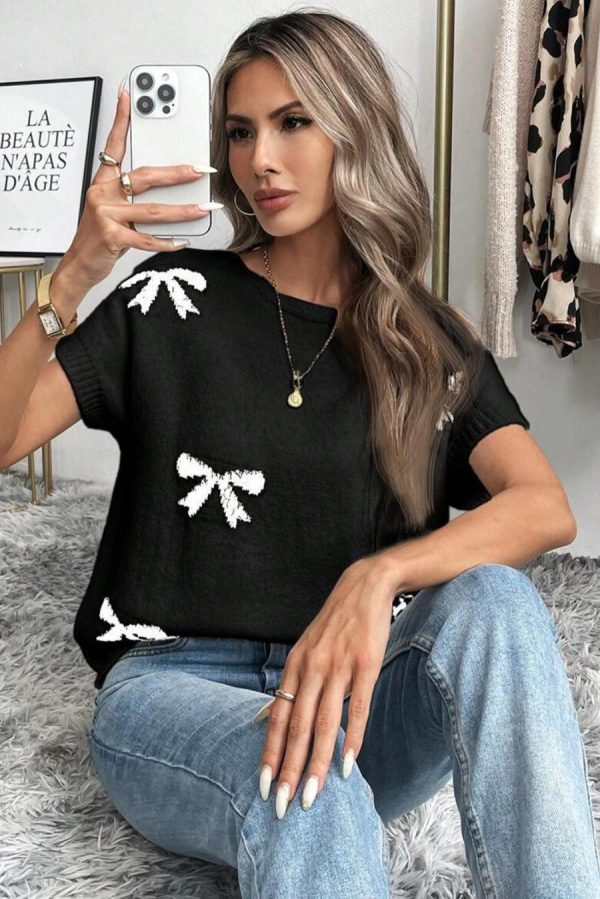 Women Knit Tops | Black Bow Pattern Short Sleeve Knit Top