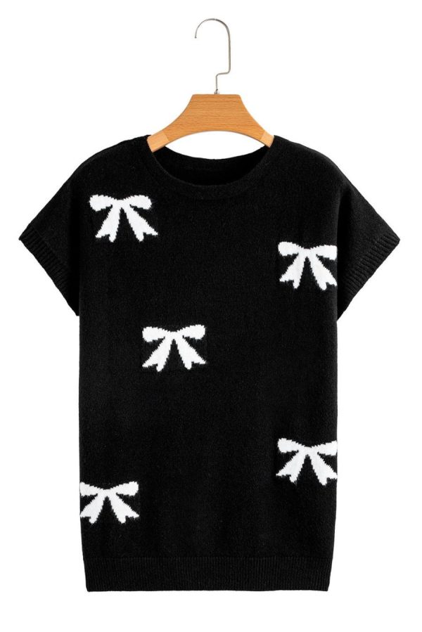 Women Knit Tops | Black Bow Pattern Short Sleeve Knit Top - Image 3
