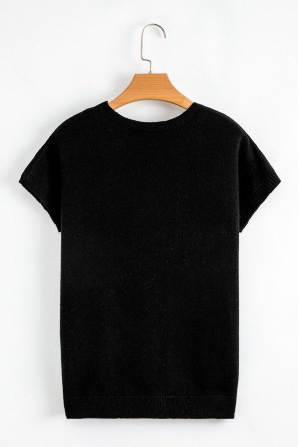 Women Knit Tops | Black Bow Pattern Short Sleeve Knit Top - Image 4