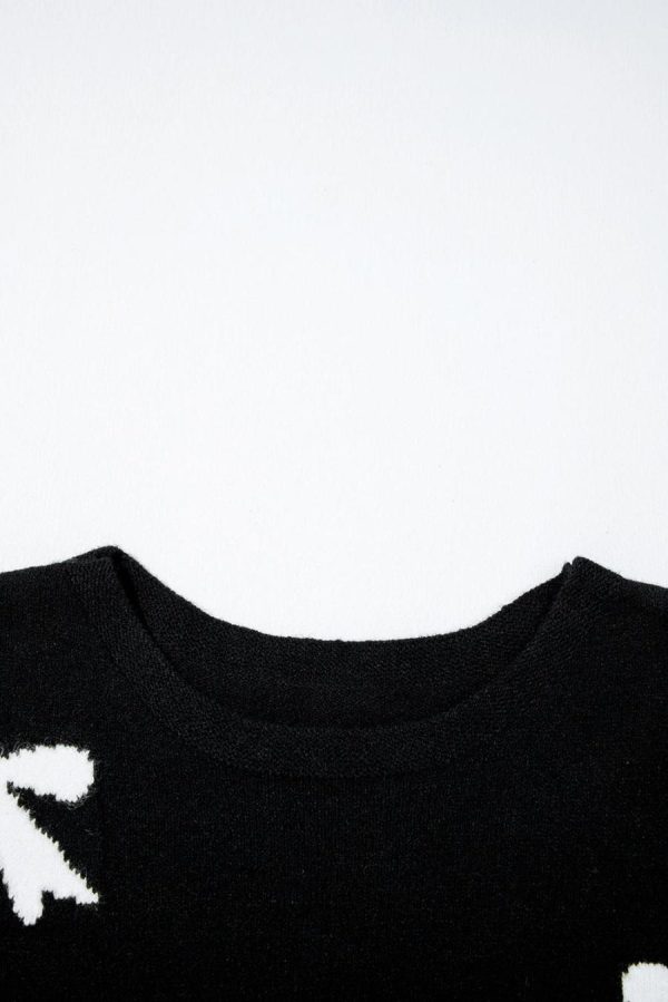 Women Knit Tops | Black Bow Pattern Short Sleeve Knit Top - Image 5