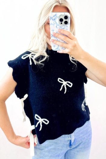 Women Knit Tops | Black Bow Print Side Tie Scalloped Hem Knit Top