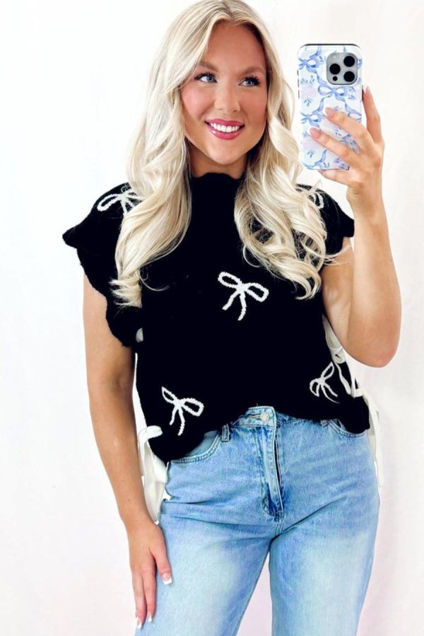 Women Knit Tops | Black Bow Print Side Tie Scalloped Hem Knit Top - Image 2