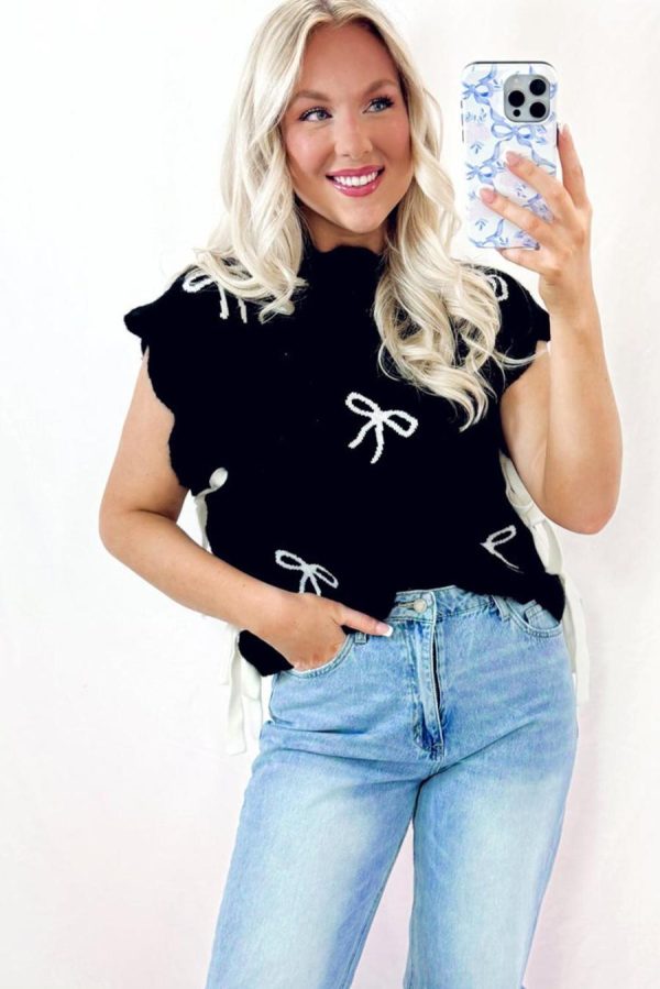 Women Knit Tops | Black Bow Print Side Tie Scalloped Hem Knit Top - Image 3