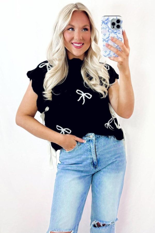 Women Knit Tops | Black Bow Print Side Tie Scalloped Hem Knit Top - Image 4
