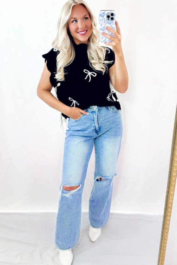 Women Knit Tops | Black Bow Print Side Tie Scalloped Hem Knit Top - Image 5