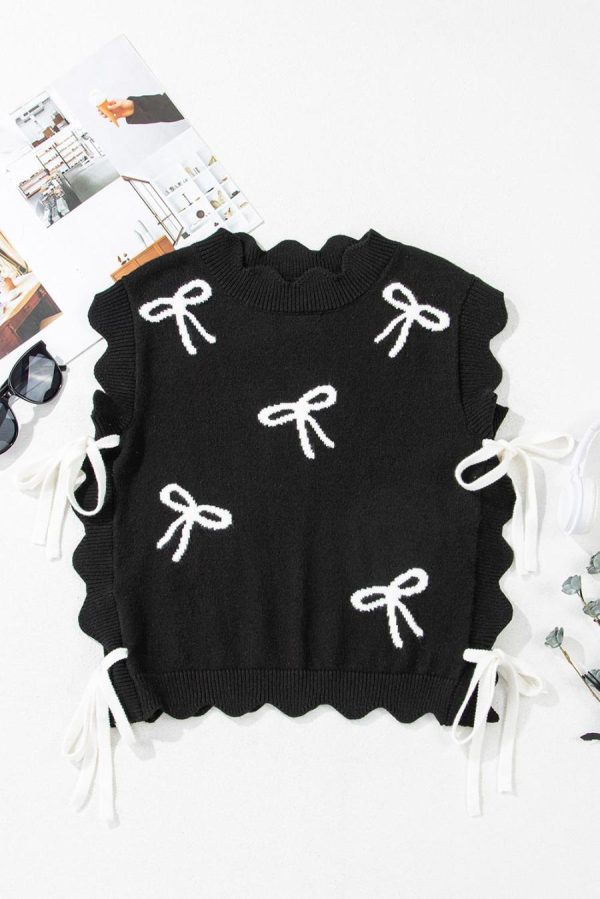 Women Knit Tops | Black Bow Print Side Tie Scalloped Hem Knit Top - Image 6