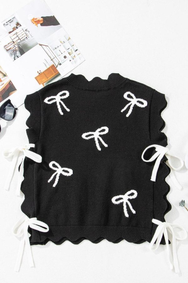 Women Knit Tops | Black Bow Print Side Tie Scalloped Hem Knit Top - Image 7
