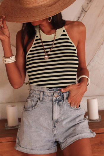Women Knit Tops | Black Stripe Crew Neck Slim Fit Sweater Vest