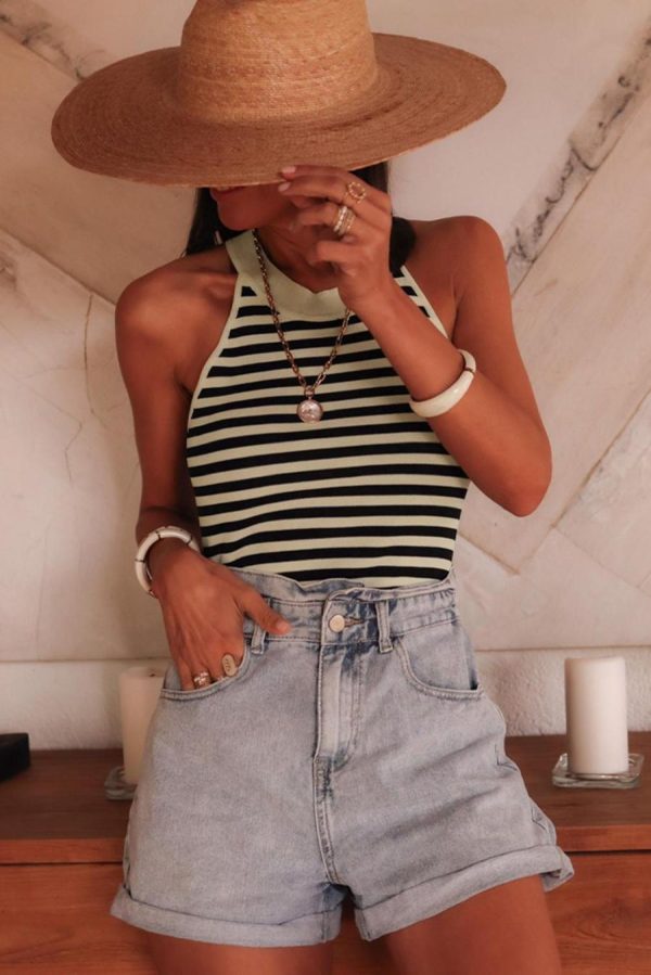 Women Knit Tops | Black Stripe Crew Neck Slim Fit Sweater Vest - Image 2