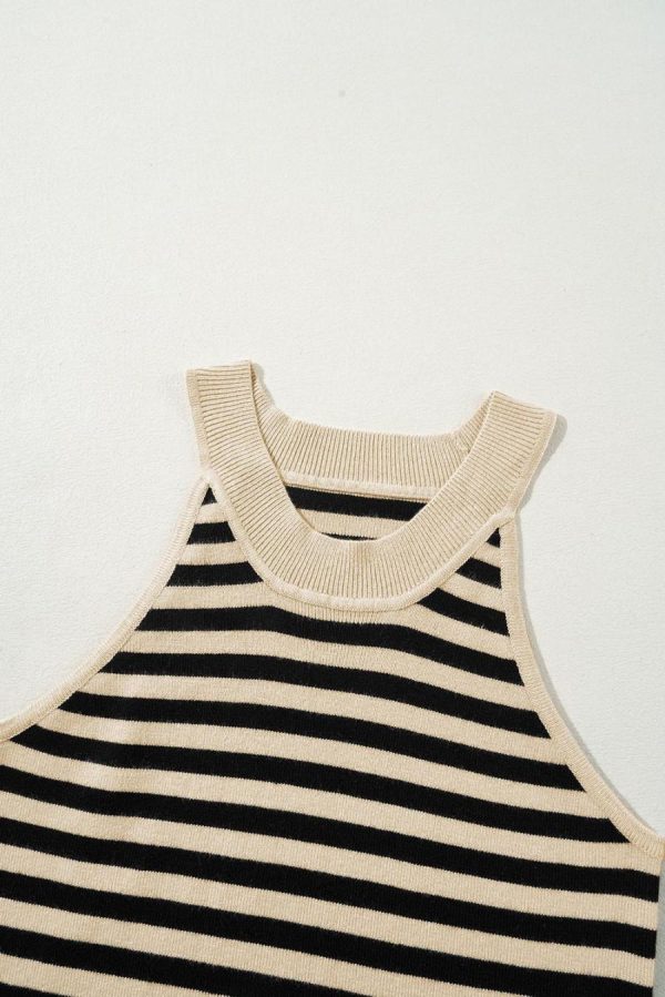 Women Knit Tops | Black Stripe Crew Neck Slim Fit Sweater Vest - Image 6