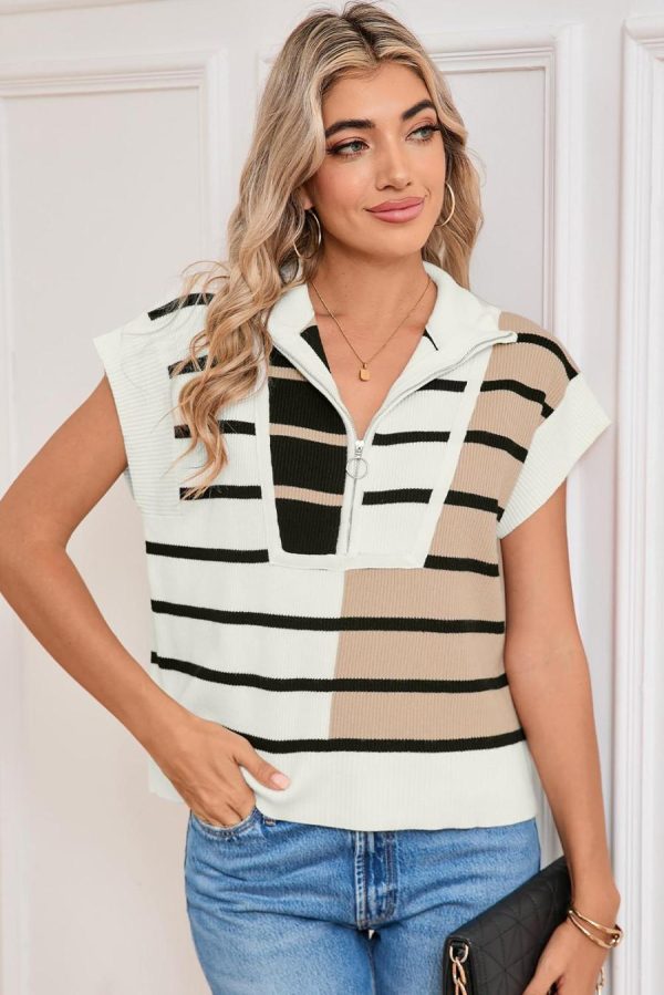 Women Knit Tops | Black Stripe Quarter Zip Collar Knit Vest - Image 3