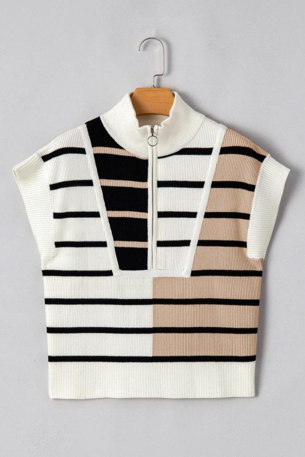 Women Knit Tops | Black Stripe Quarter Zip Collar Knit Vest - Image 6