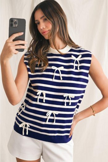 Women Knit Tops | Blue Striped Sweet Bow Pattern Sleeveless Knit Top