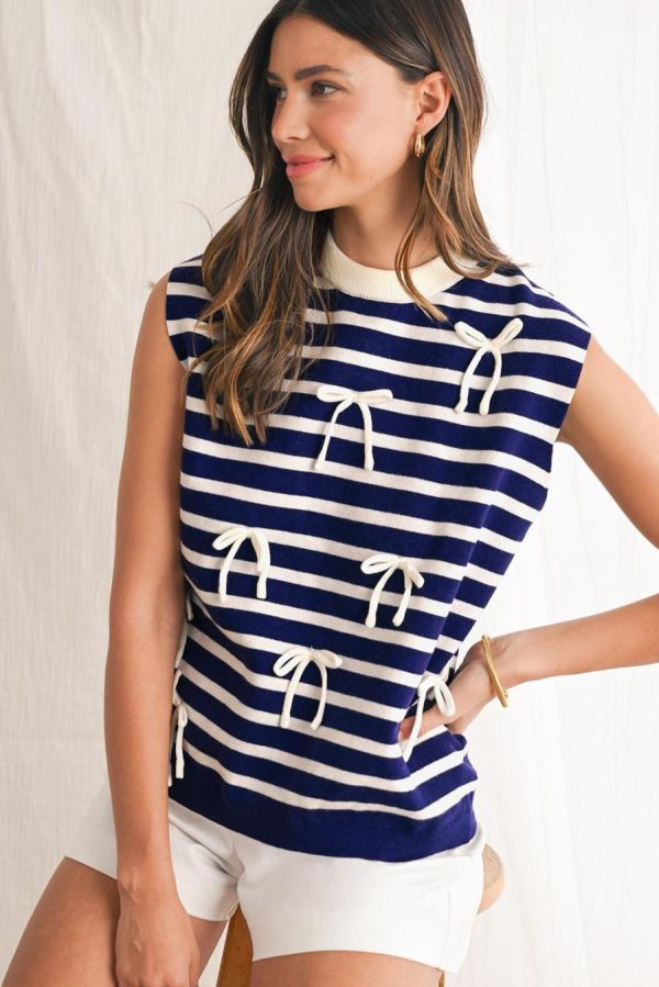 Women Knit Tops | Blue Striped Sweet Bow Pattern Sleeveless Knit Top - Image 3