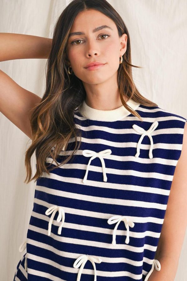 Women Knit Tops | Blue Striped Sweet Bow Pattern Sleeveless Knit Top - Image 5