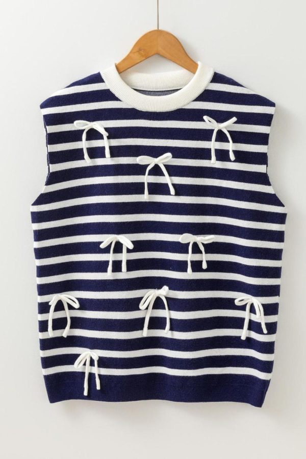 Women Knit Tops | Blue Striped Sweet Bow Pattern Sleeveless Knit Top - Image 6