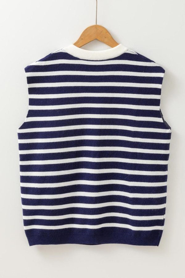Women Knit Tops | Blue Striped Sweet Bow Pattern Sleeveless Knit Top - Image 7