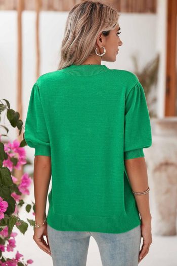 Women Knit Tops | Bright Green 60S Floral Bubble Short Sleeve Knitted Top