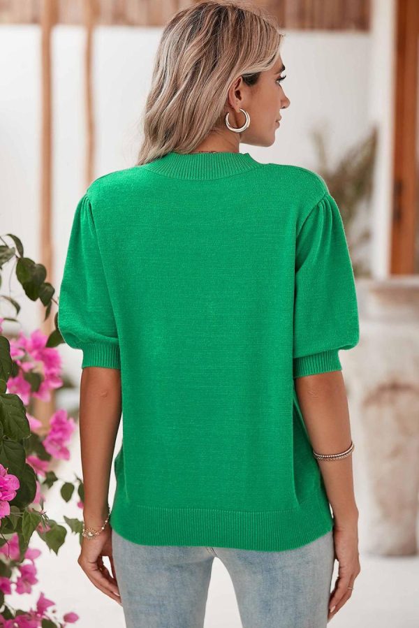 Women Knit Tops | Bright Green 60S Floral Bubble Short Sleeve Knitted Top