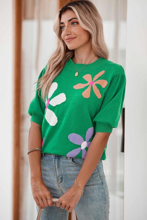Women Knit Tops | Bright Green 60S Floral Bubble Short Sleeve Knitted Top - Image 2
