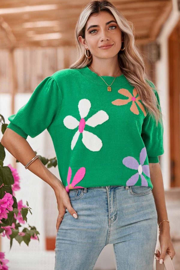 Women Knit Tops | Bright Green 60S Floral Bubble Short Sleeve Knitted Top - Image 3