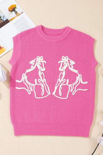Women Knit Tops | Bright Pink Horse Embroidered Round Neck Knit Vest