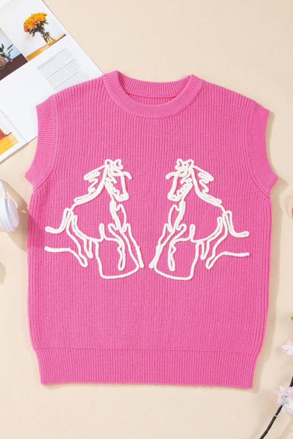 Women Knit Tops | Bright Pink Horse Embroidered Round Neck Knit Vest