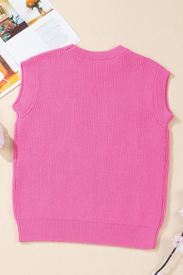 Women Knit Tops | Bright Pink Horse Embroidered Round Neck Knit Vest - Image 2
