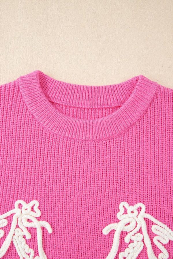 Women Knit Tops | Bright Pink Horse Embroidered Round Neck Knit Vest - Image 4