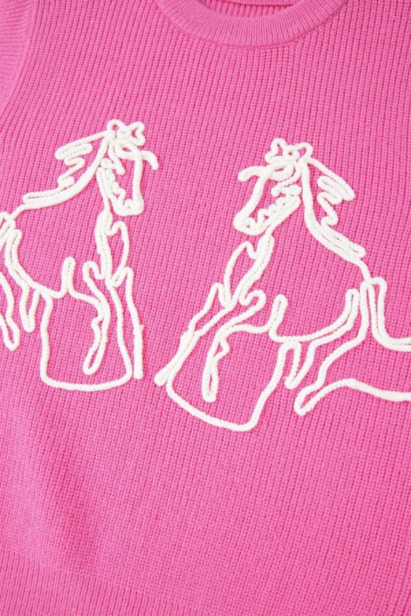 Women Knit Tops | Bright Pink Horse Embroidered Round Neck Knit Vest - Image 5