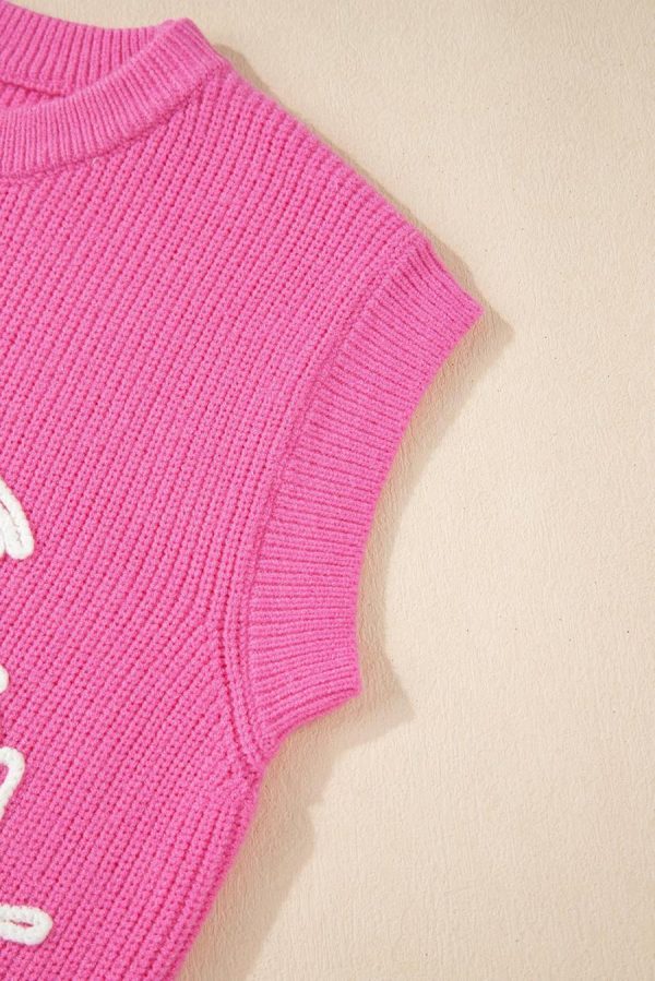 Women Knit Tops | Bright Pink Horse Embroidered Round Neck Knit Vest - Image 6