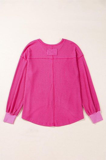 Women Knit Tops | Bright Pink Waffle V Neck Drop Shoulder Long Sleeve Loose Top