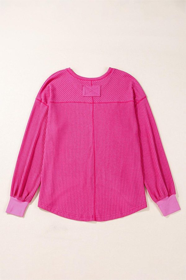 Women Knit Tops | Bright Pink Waffle V Neck Drop Shoulder Long Sleeve Loose Top