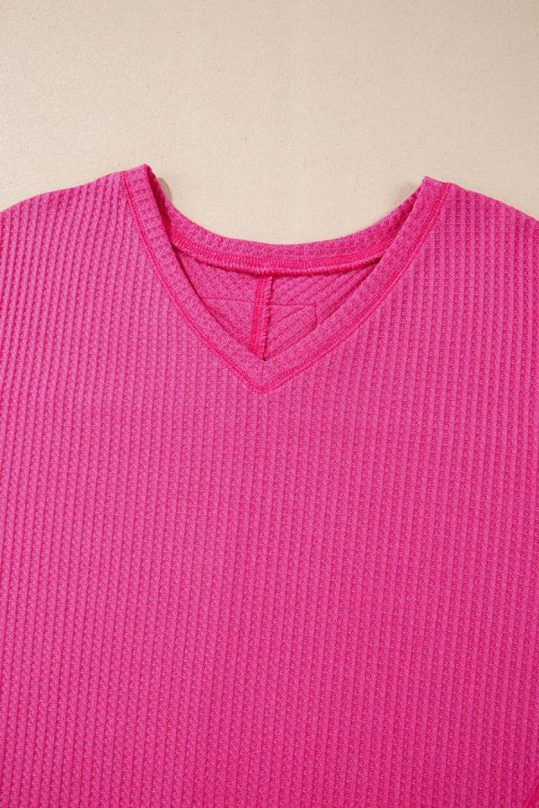 Women Knit Tops | Bright Pink Waffle V Neck Drop Shoulder Long Sleeve Loose Top - Image 2
