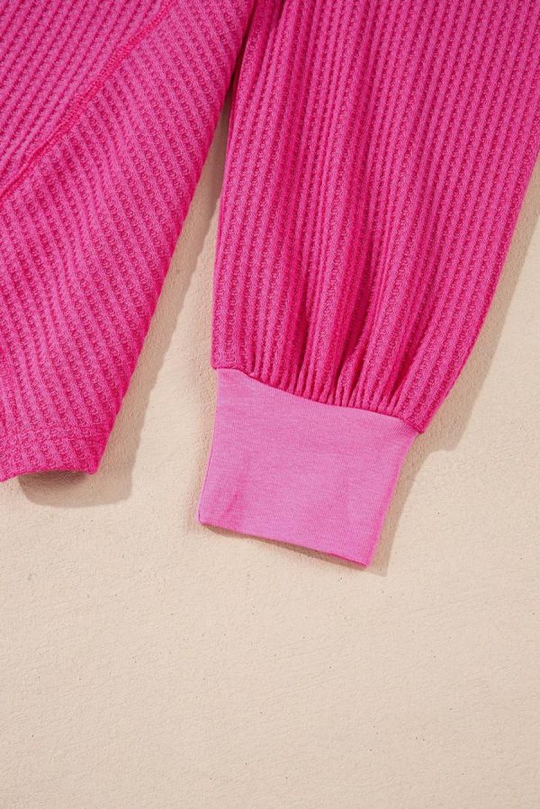 Women Knit Tops | Bright Pink Waffle V Neck Drop Shoulder Long Sleeve Loose Top - Image 3