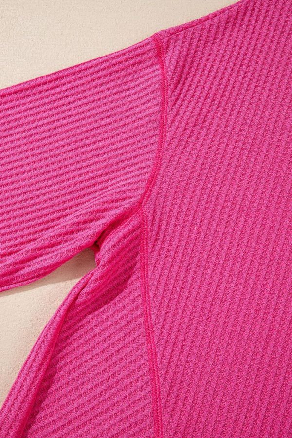 Women Knit Tops | Bright Pink Waffle V Neck Drop Shoulder Long Sleeve Loose Top - Image 4