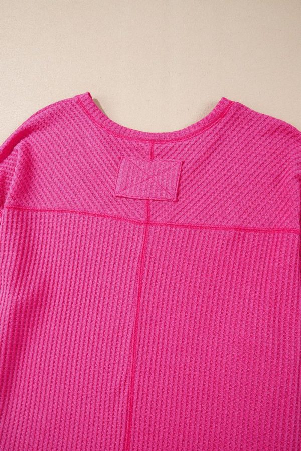Women Knit Tops | Bright Pink Waffle V Neck Drop Shoulder Long Sleeve Loose Top - Image 5