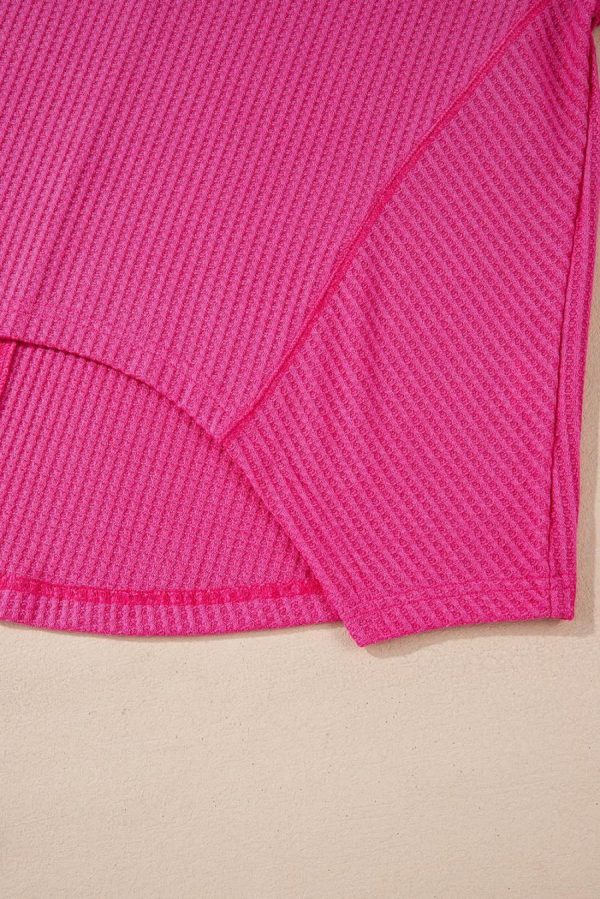Women Knit Tops | Bright Pink Waffle V Neck Drop Shoulder Long Sleeve Loose Top - Image 6