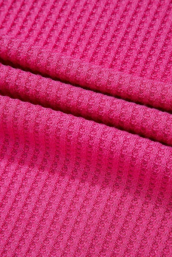 Women Knit Tops | Bright Pink Waffle V Neck Drop Shoulder Long Sleeve Loose Top - Image 7