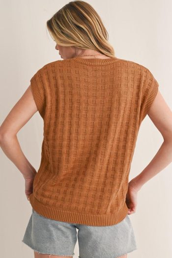 Women Knit Tops | Camel Plain Checkered Texture Knit Top
