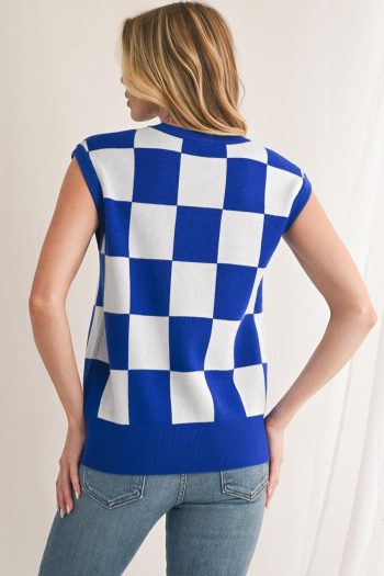 Women Knit Tops | Dark Blue Checkered Knit Top