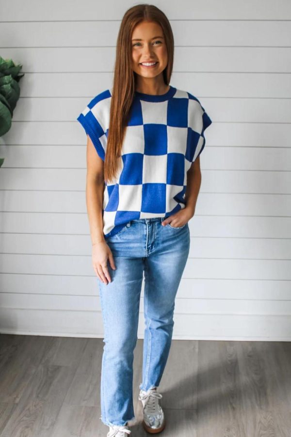 Women Knit Tops | Dark Blue Checkered Knit Top - Image 2