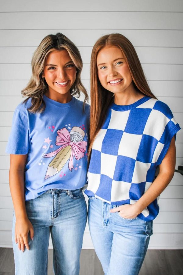 Women Knit Tops | Dark Blue Checkered Knit Top - Image 4