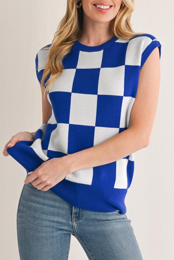 Women Knit Tops | Dark Blue Checkered Knit Top - Image 6