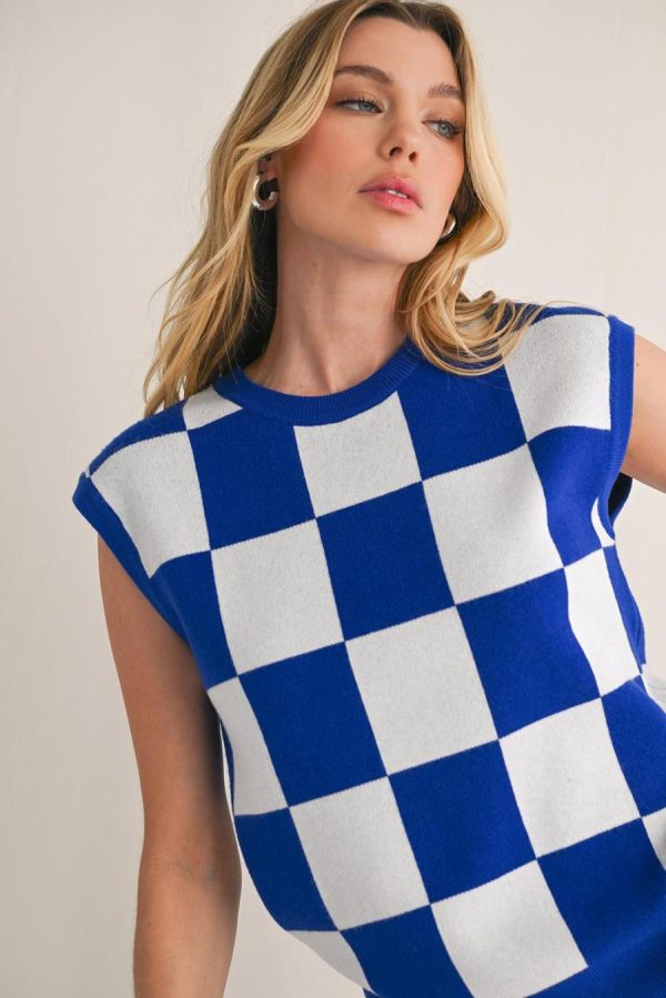 Women Knit Tops | Dark Blue Checkered Knit Top - Image 7