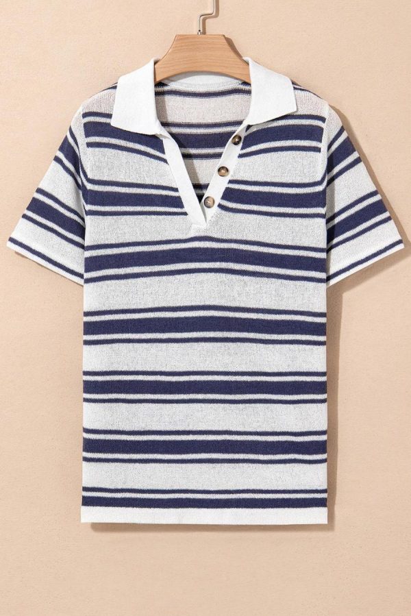 Women Knit Tops | Dark Blue Collared Button V Neck Knitted T Shirt - Image 5