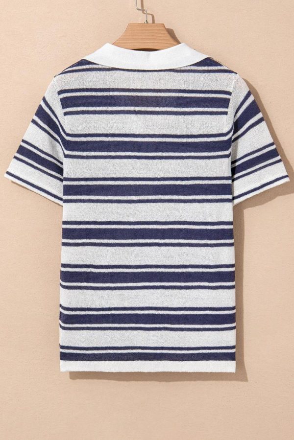 Women Knit Tops | Dark Blue Collared Button V Neck Knitted T Shirt - Image 6
