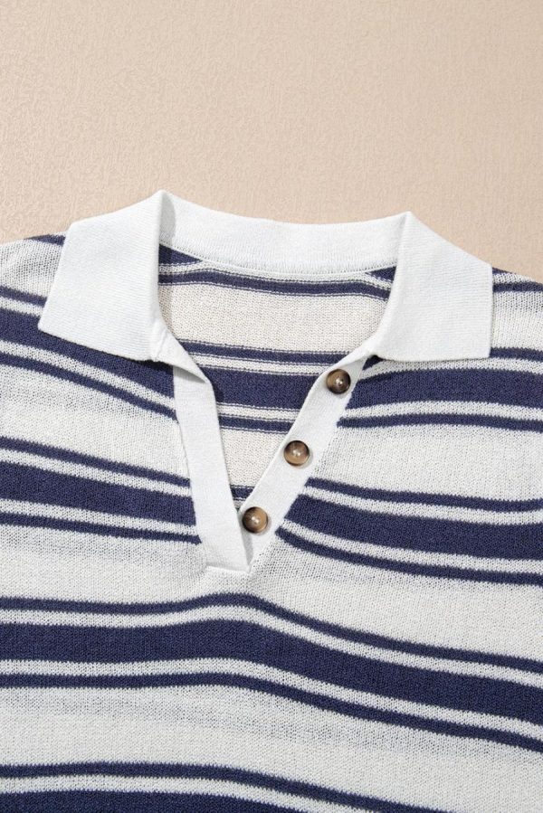 Women Knit Tops | Dark Blue Collared Button V Neck Knitted T Shirt - Image 7