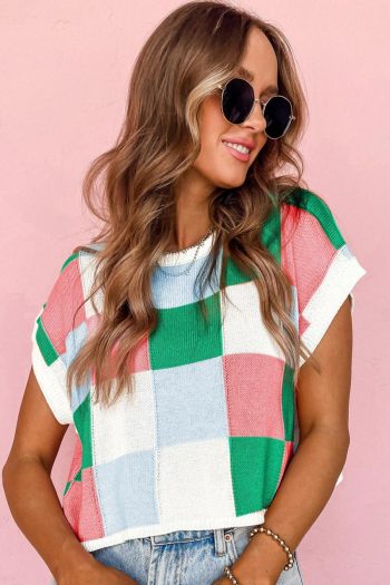 Women Knit Tops | Dark Green Checkered Color Block Cap Sleeve Knitted Top